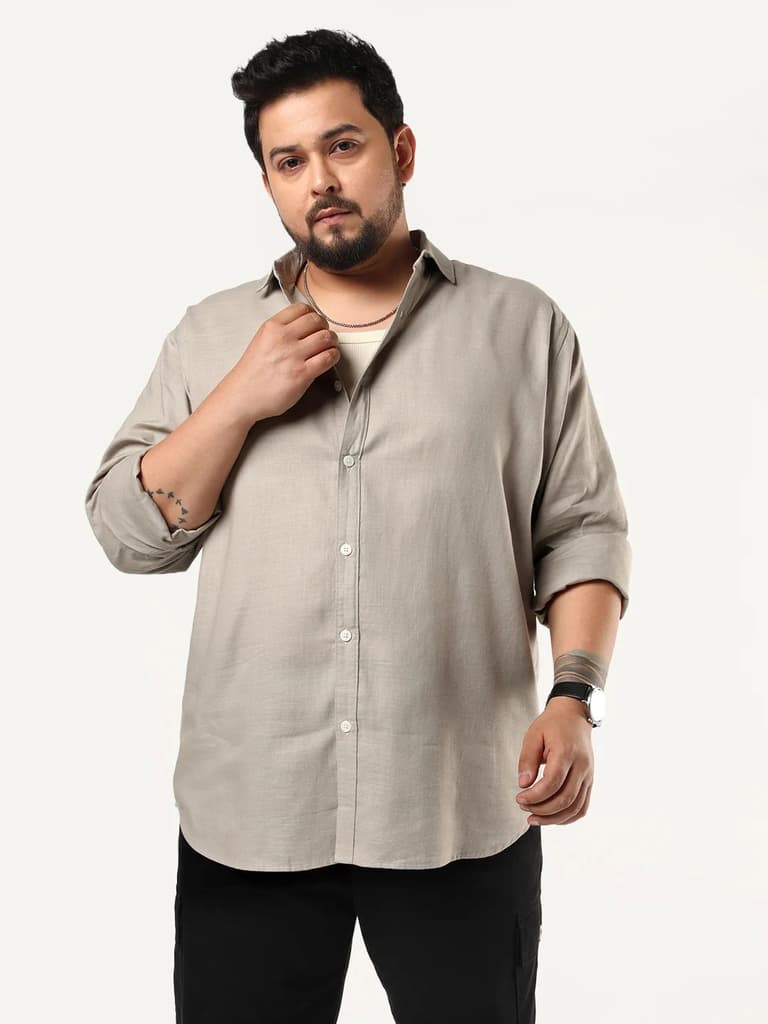 Plus Men's Grey Linen Blend Full Sleeve Relaxed Fit Casual Solid Shirt — 2XL / Grey