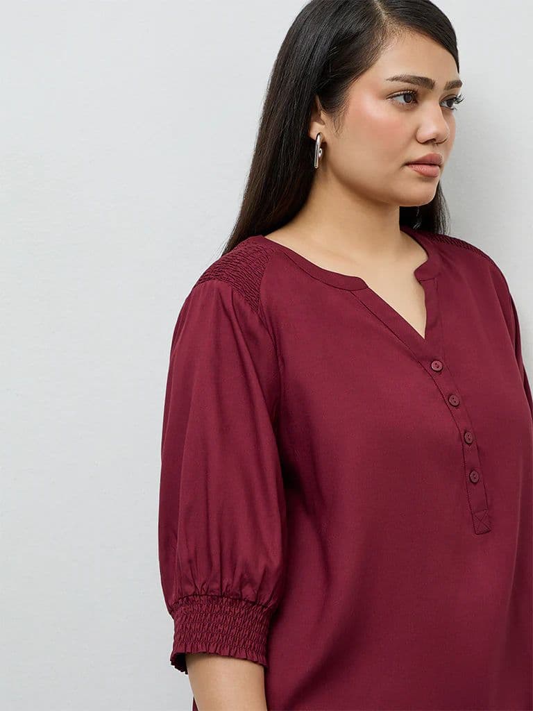 Gia Wine Smocked Detail Blouse — photo 3