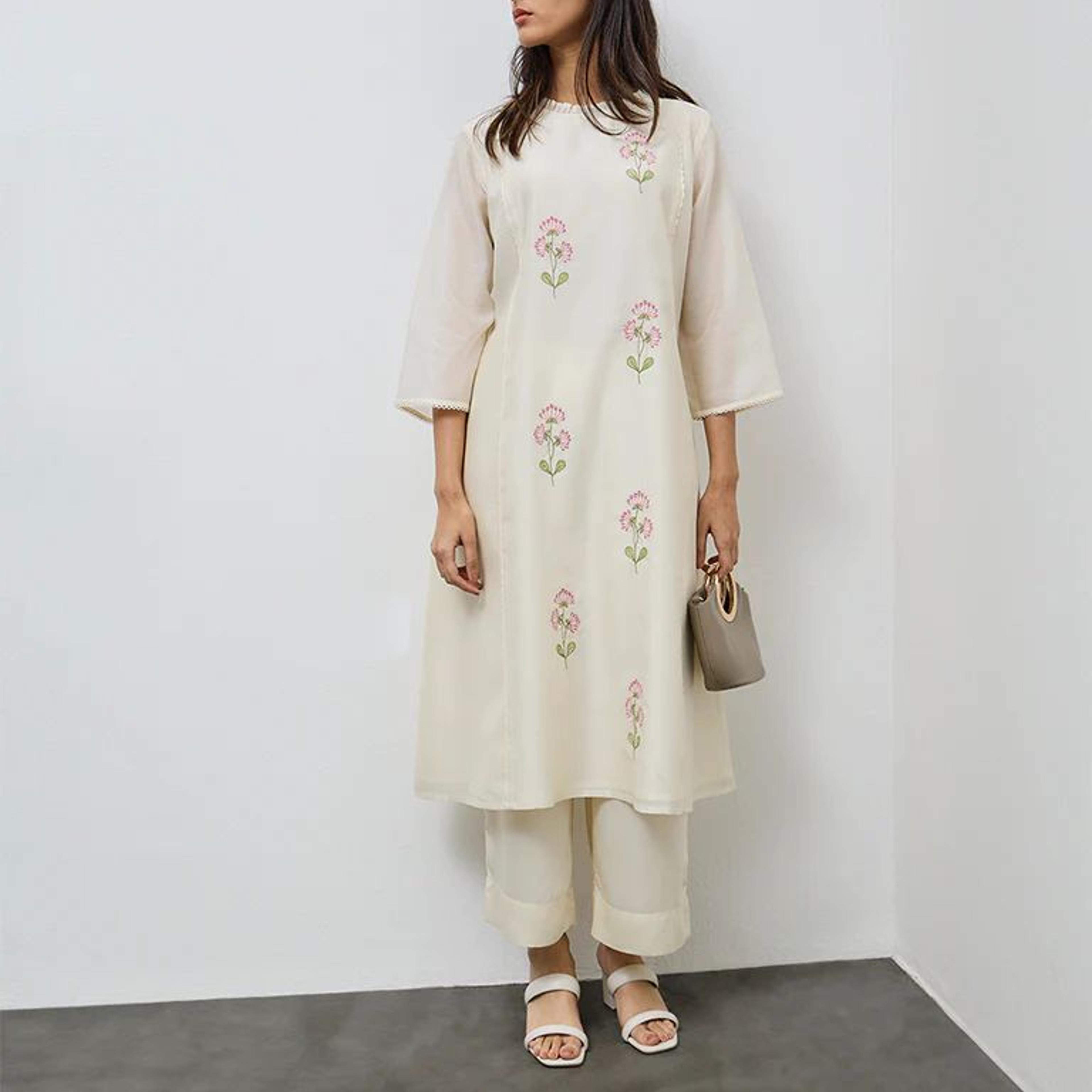 Utsa Purple Floral Embroidered Cotton A-Line Kurta