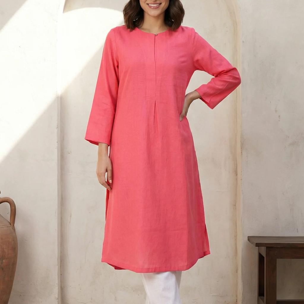Pink Solid Rayon Straight Kurta