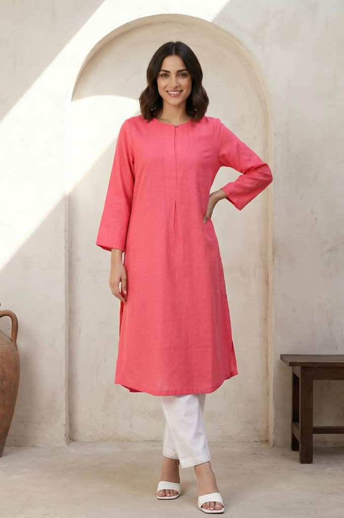 Pink Solid Rayon Straight Kurta — XS