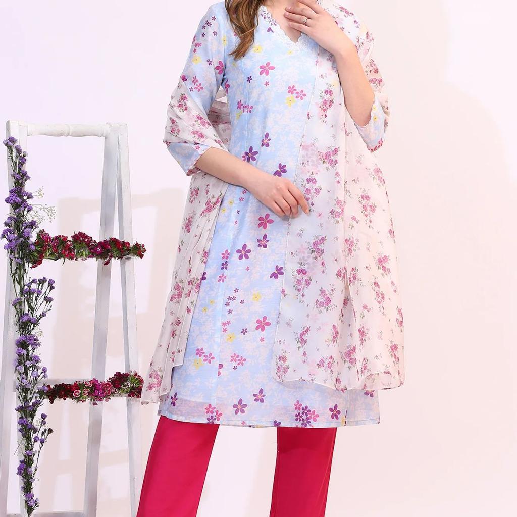 White Floral Printed Organza Dupatta