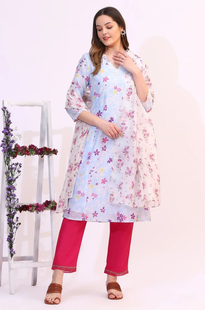 White Floral Printed Organza Dupatta — Free Size