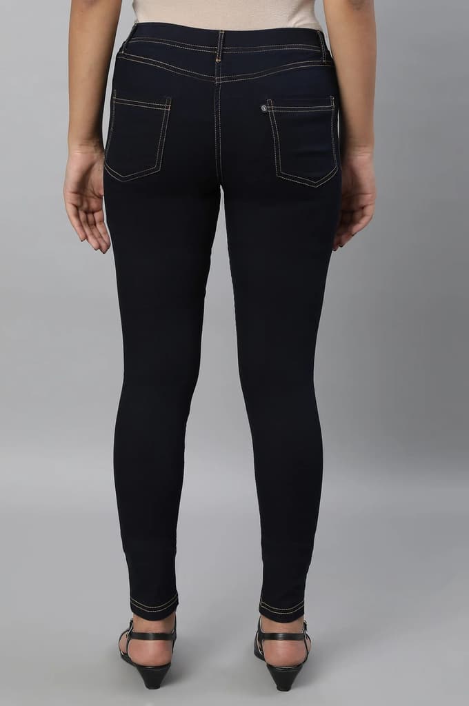 Navy Blue Solid Skinny Fit Denim Jeggings With Slip On Closure — photo 2