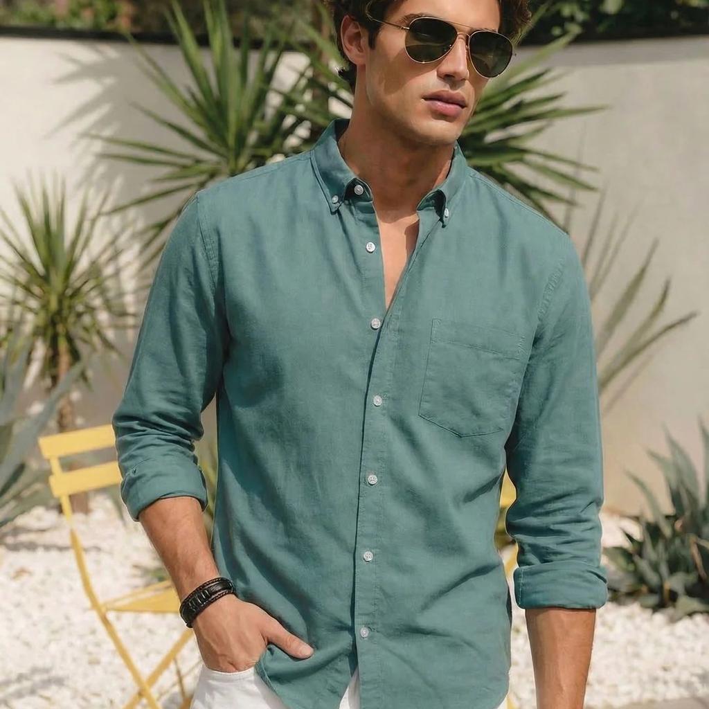 Men's Teal Green Cotton Full Sleeve Regular Fit Solid Oxford Shirt With Button-Down Collar