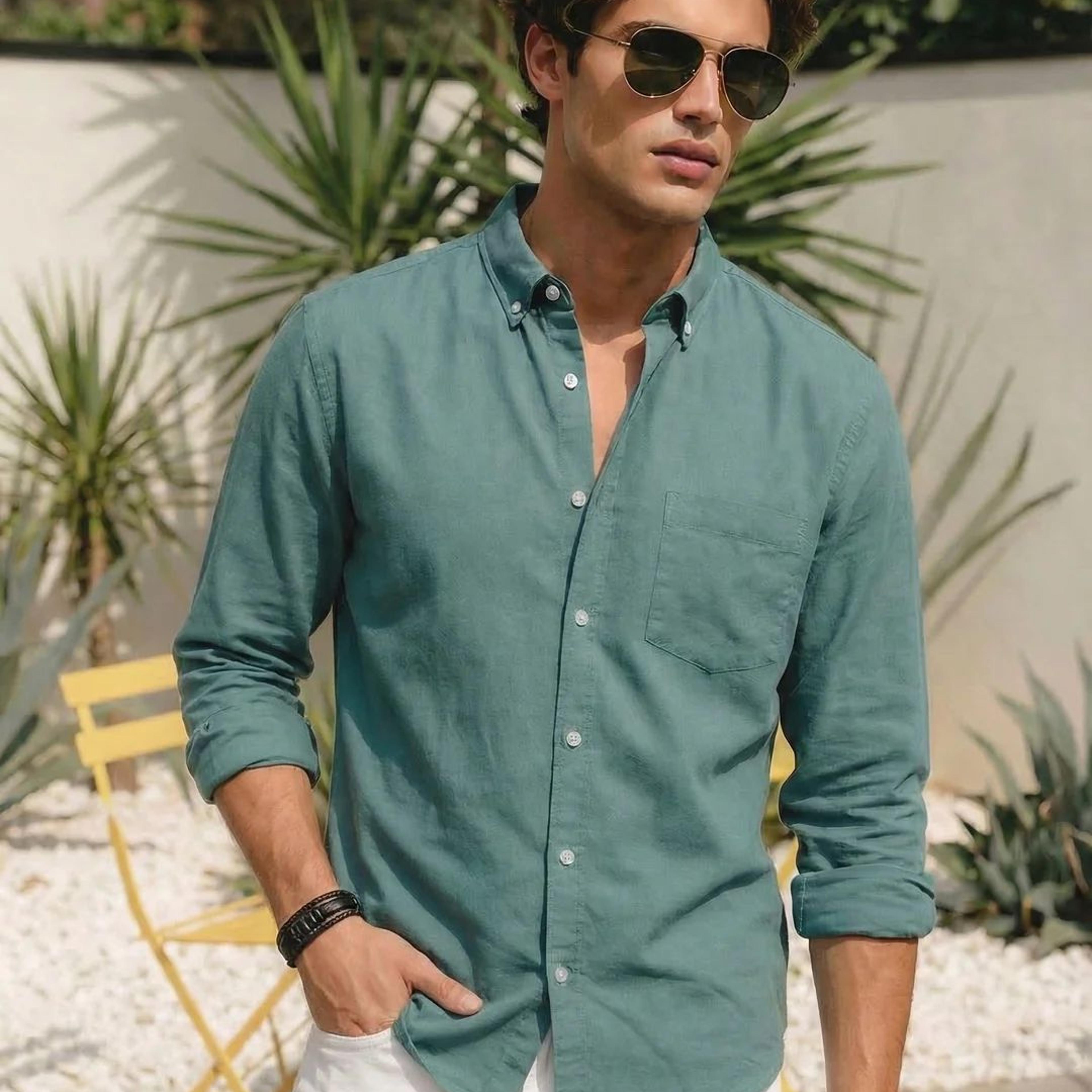 Men's Teal Green Cotton Full Sleeve Regular Fit Solid Oxford Shirt With Button-Down Collar