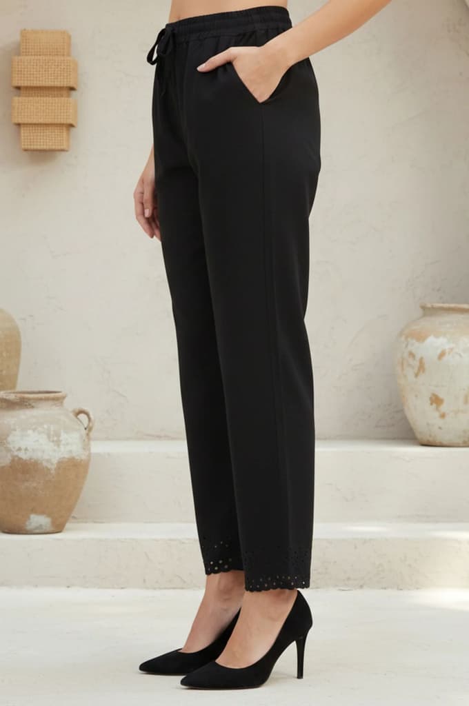 Black Solid Cotton Blend Ankle Length Mid Rise Straight Pants — photo 4