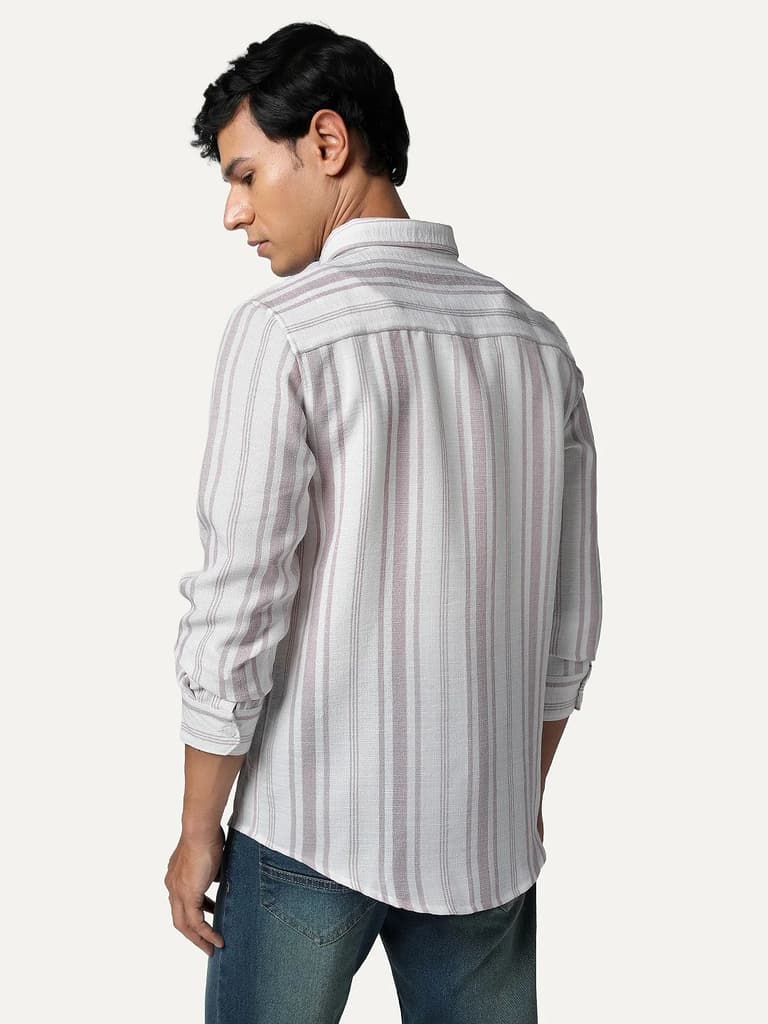 Men's Lilac Cotton Full Sleeve Relaxed Fit Linen Striped Shirt with Spread Collar — photo 4
