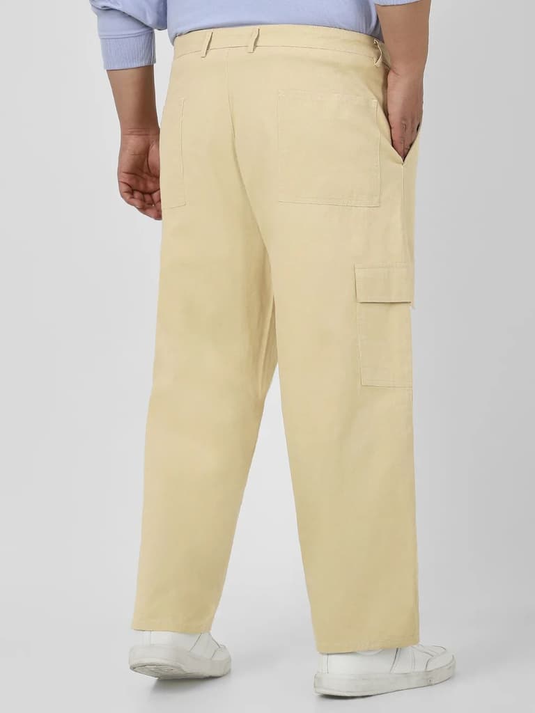 Plus Men's Beige Loose Baggy Fit Solid Cargo Chino Pant with 6 Pockets Non-Stretchable — photo 3