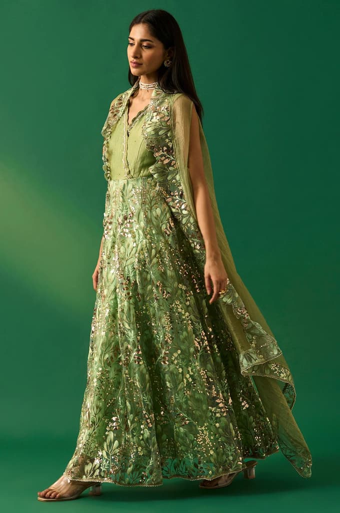 Green Embroidered Anarkali Tissue Dress with Churidar and Dupatta Set — photo 3