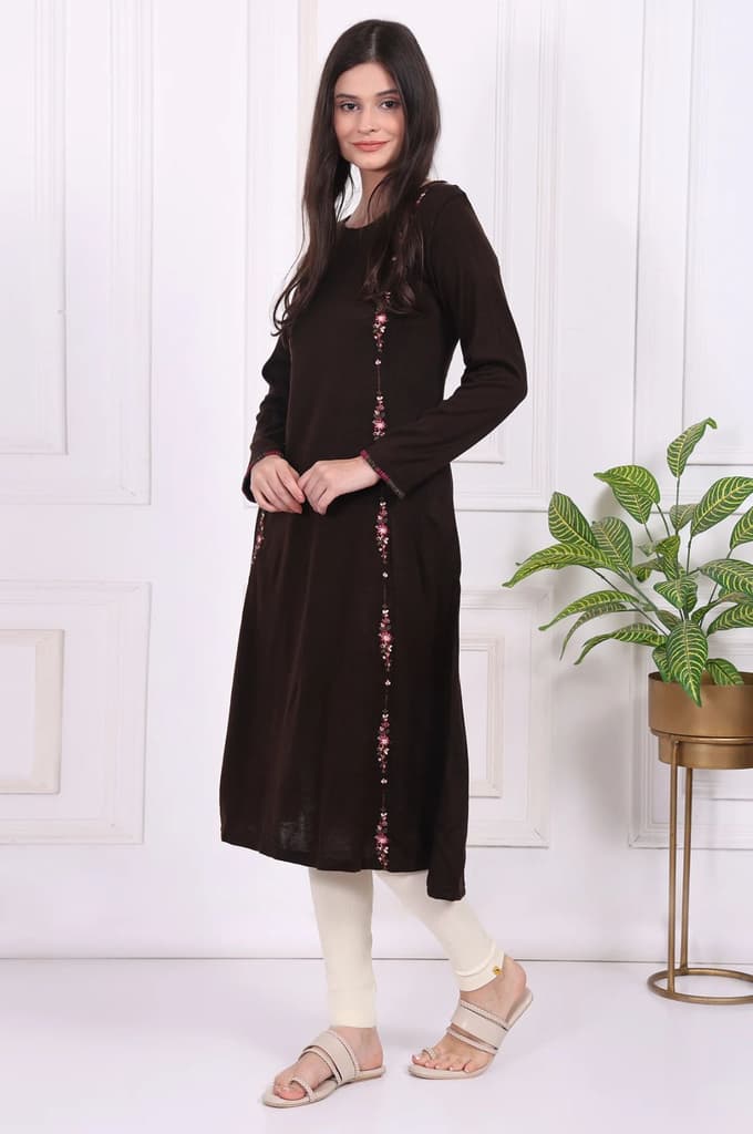 Brown Thread Embroidered Acrylic Flared A-line Kurta — photo 4