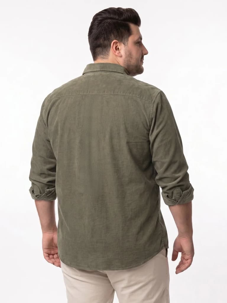 Plus Men's Light Olive Corduroy Full Sleeve Regular Fit Solid Overshirt with Utility Pockets — photo 3