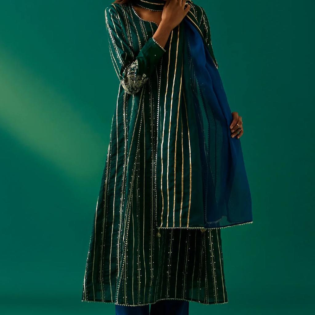 Green Striped Embroidered Angrakha Rayon Kurta with Trouser and Dupatta Set