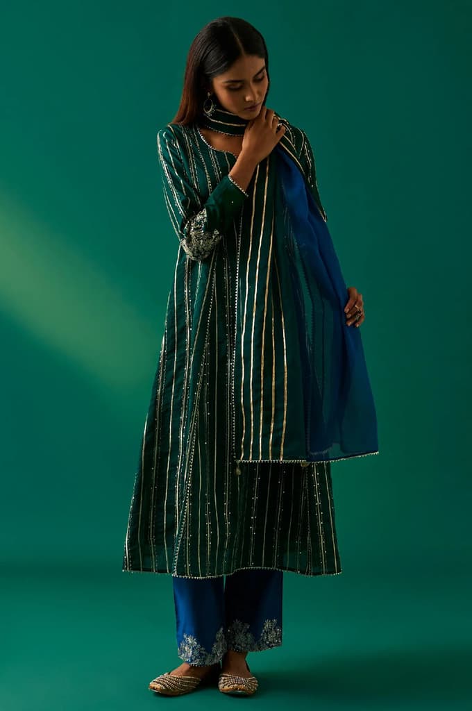 Green Striped Embroidered Angrakha Rayon Kurta with Trouser and Dupatta Set — XS