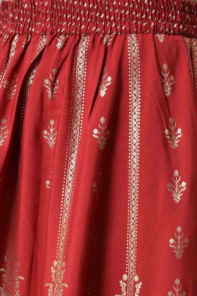 Maroon Floral Printed Flared Woven Skirt With Elasticated Waist — photo 7