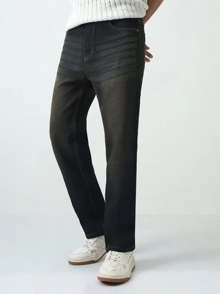 Men's Carbon Blue Straight Fit Heavy Washed Jeans Stretchable — 28 / Carbon Blue