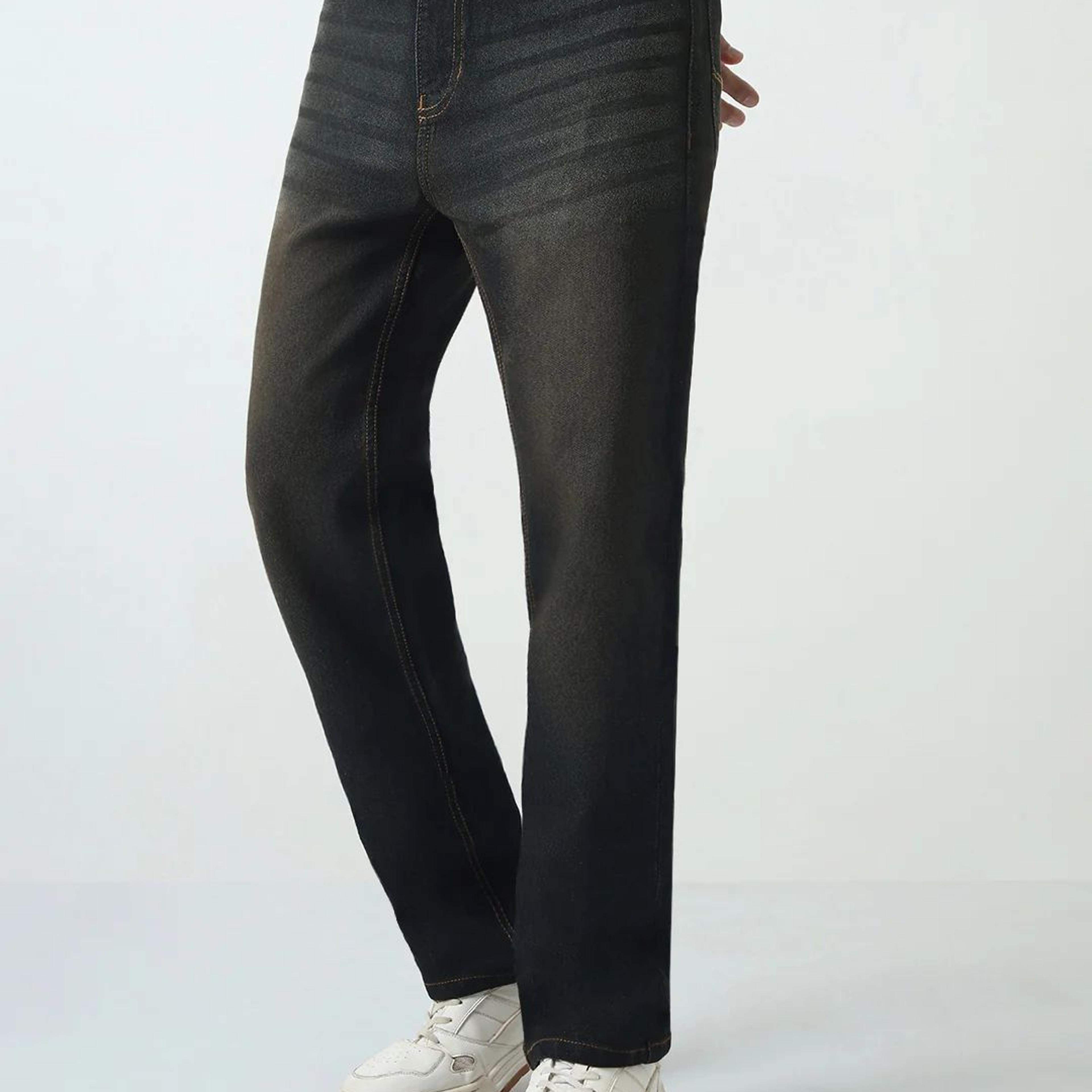 Men's Carbon Blue Straight Fit Heavy Washed Jeans Stretchable