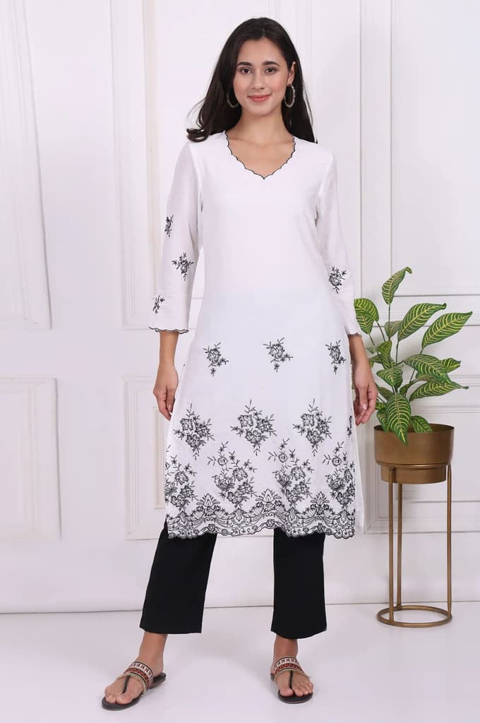 White Floral Printed Thread Embroidered Rayon Straight Kurta — photo 2