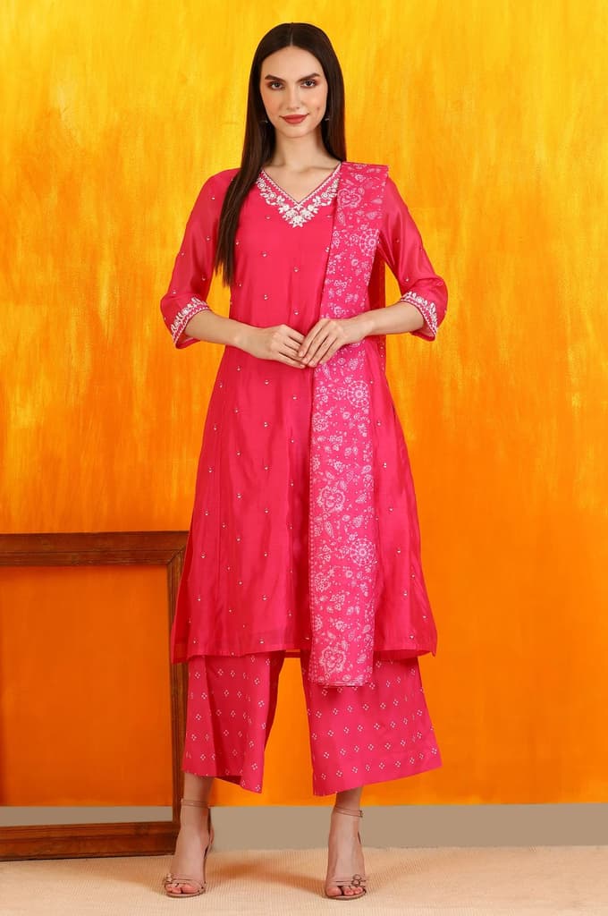 Pink Embroidered Chanderi Panelled Kurta, Cropped Pants and Dupatta Set — XS