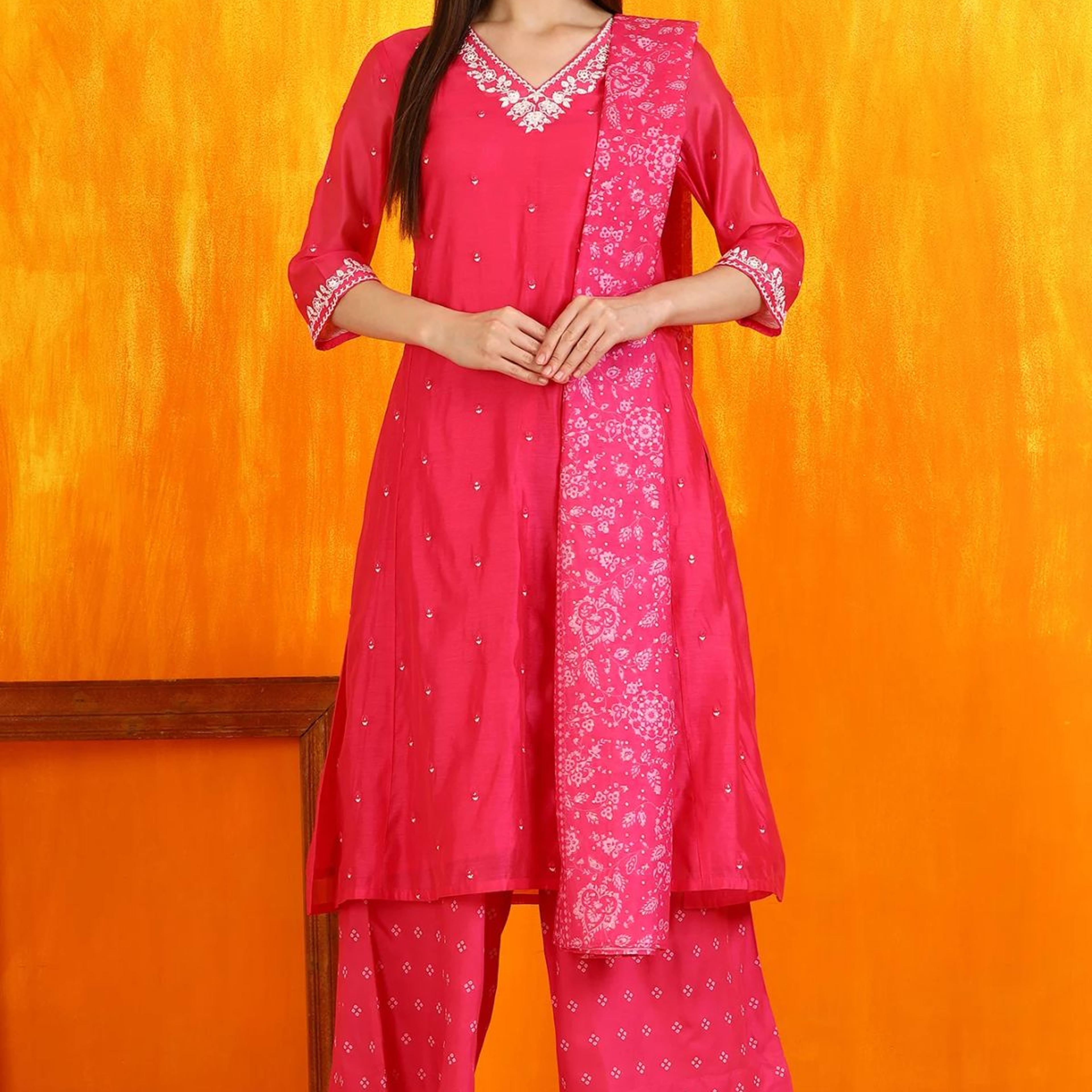 Pink Embroidered Chanderi Panelled Kurta, Cropped Pants and Dupatta Set