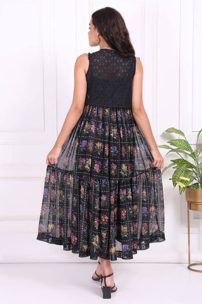 Black Floral Printed Embroidered Fit and Flare Georgette Dress with Waist Coat Set — photo 4