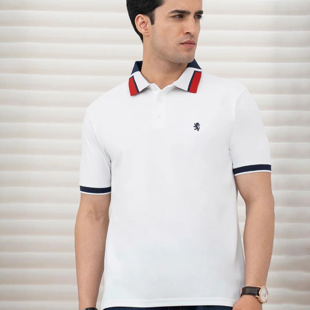 T Shirts for Men in White | Jacquard Collar Polo T Shirt