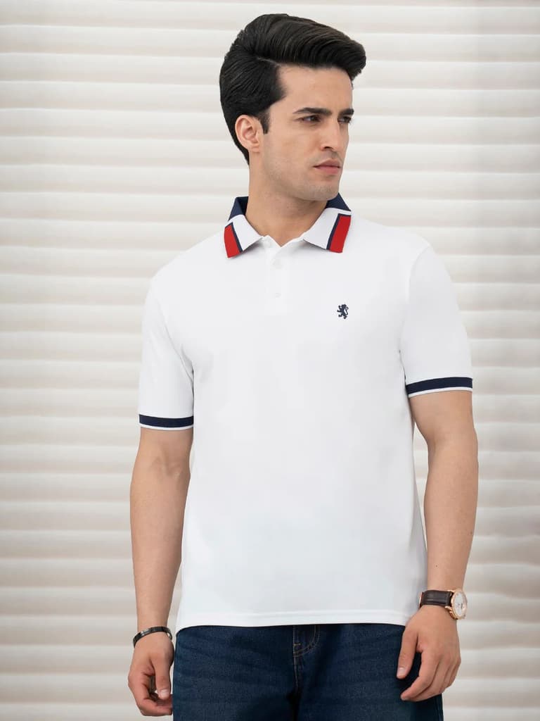 T Shirts for Men in White | Jacquard Collar Polo T Shirt — S / White