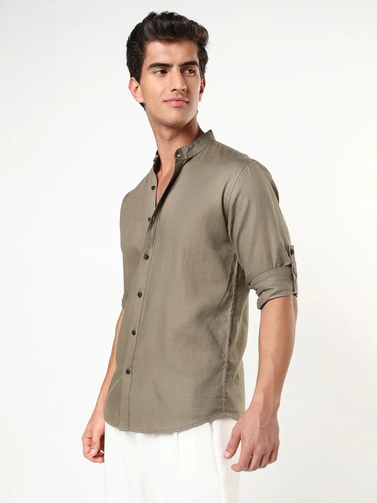 Men's Coffee Linen Blend Full Sleeve Relaxed Fit Mandarin Collar Casual Solid Shirt — photo 2