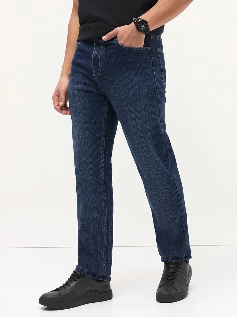 Men's Blue Straight Fit Washed Denim Jeans Stretchable — photo 2
