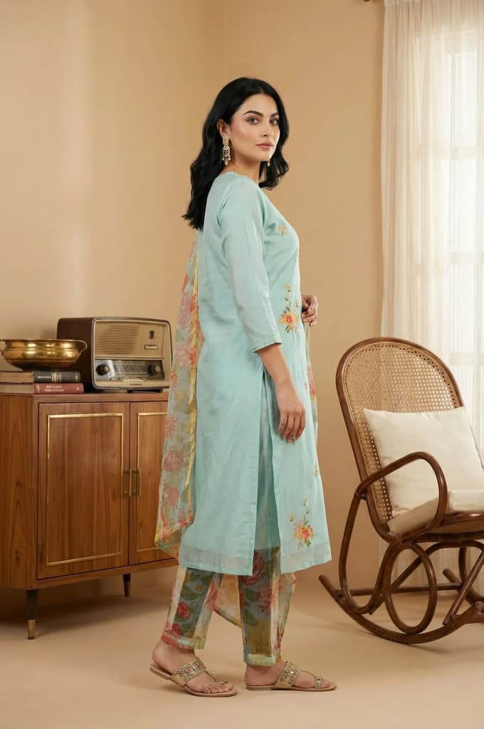 Aqua Blue Thread Embroidered Chanderi Straight Kurta with Pants and Dupatta Set — photo 4