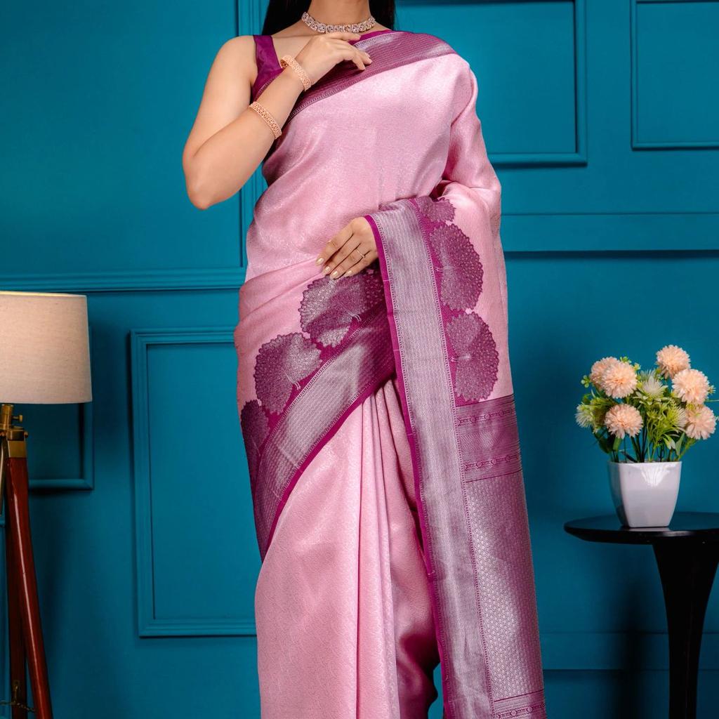 Mimosa Women's Woven Design Banarasi Style Art Silk Saree With Blouse Piece : SA00001803PNKFREE