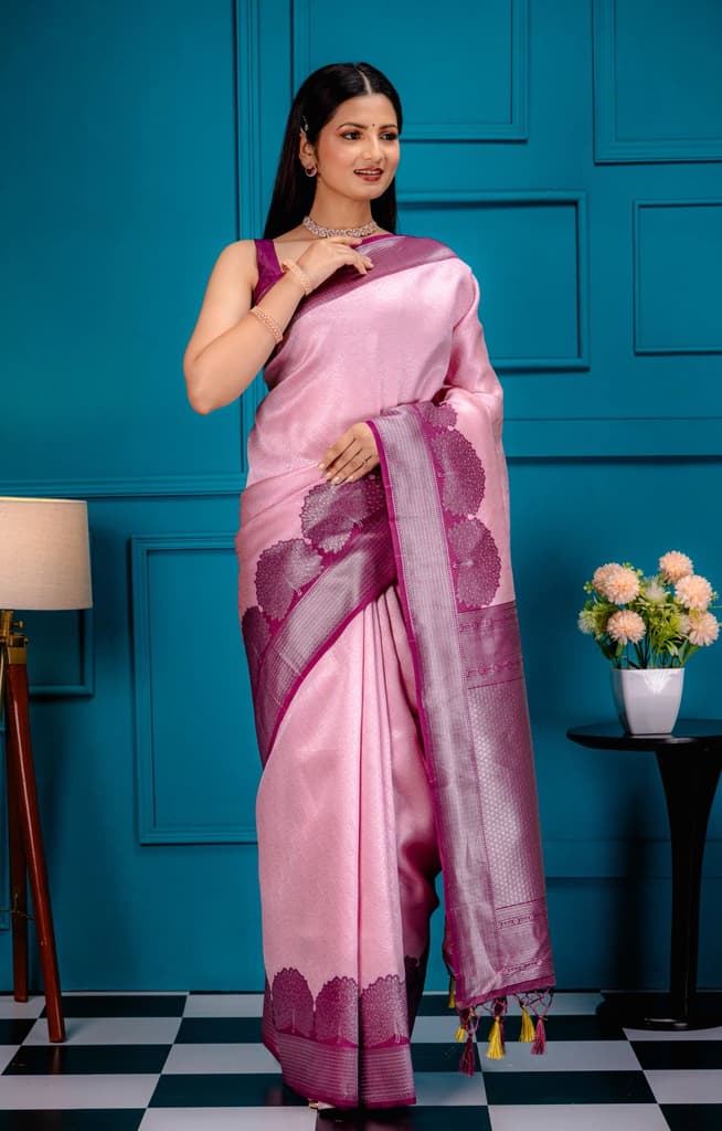 Mimosa Women's Woven Design Banarasi Style Art Silk Saree With Blouse Piece : SA00001803PNKFREE — Pink