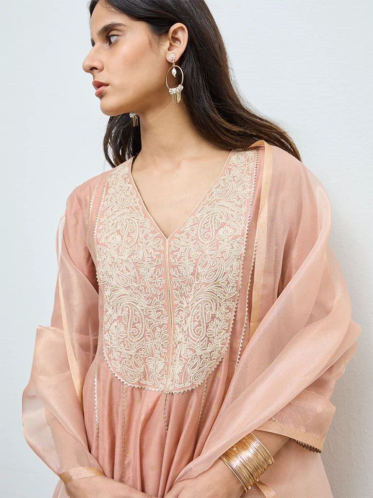 Vark Peach Embroidered A-Line Ethnic Set — photo 3