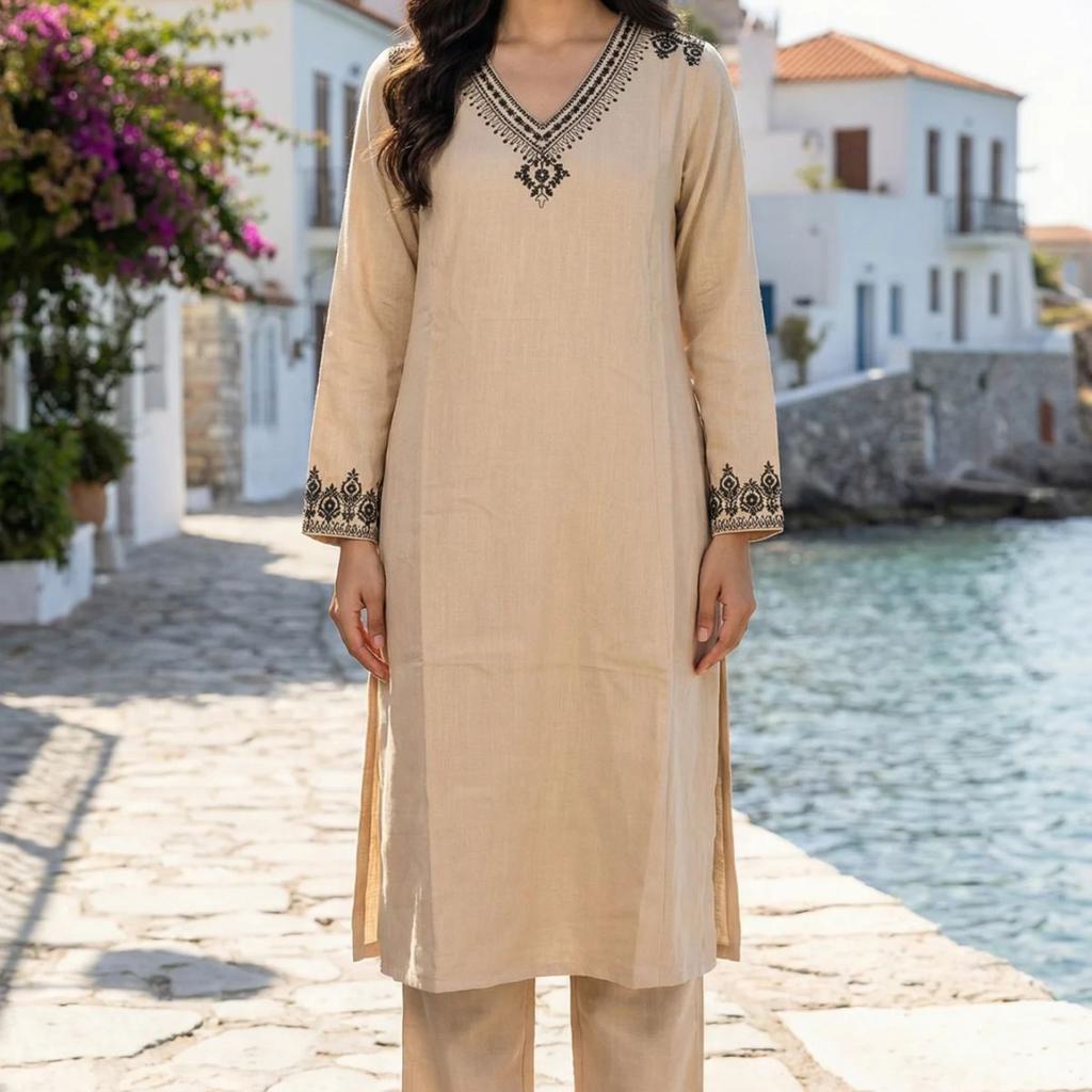 Beige Embroidered Rayon Straight Kurta with Pants Set