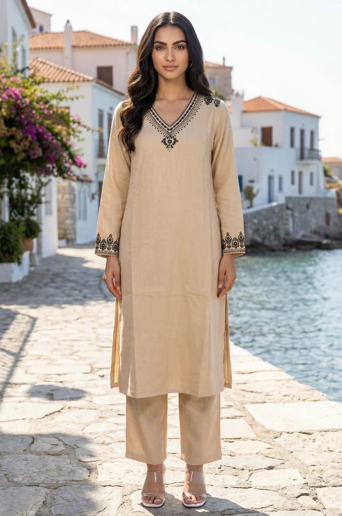 Beige Embroidered Rayon Straight Kurta with Pants Set — XS