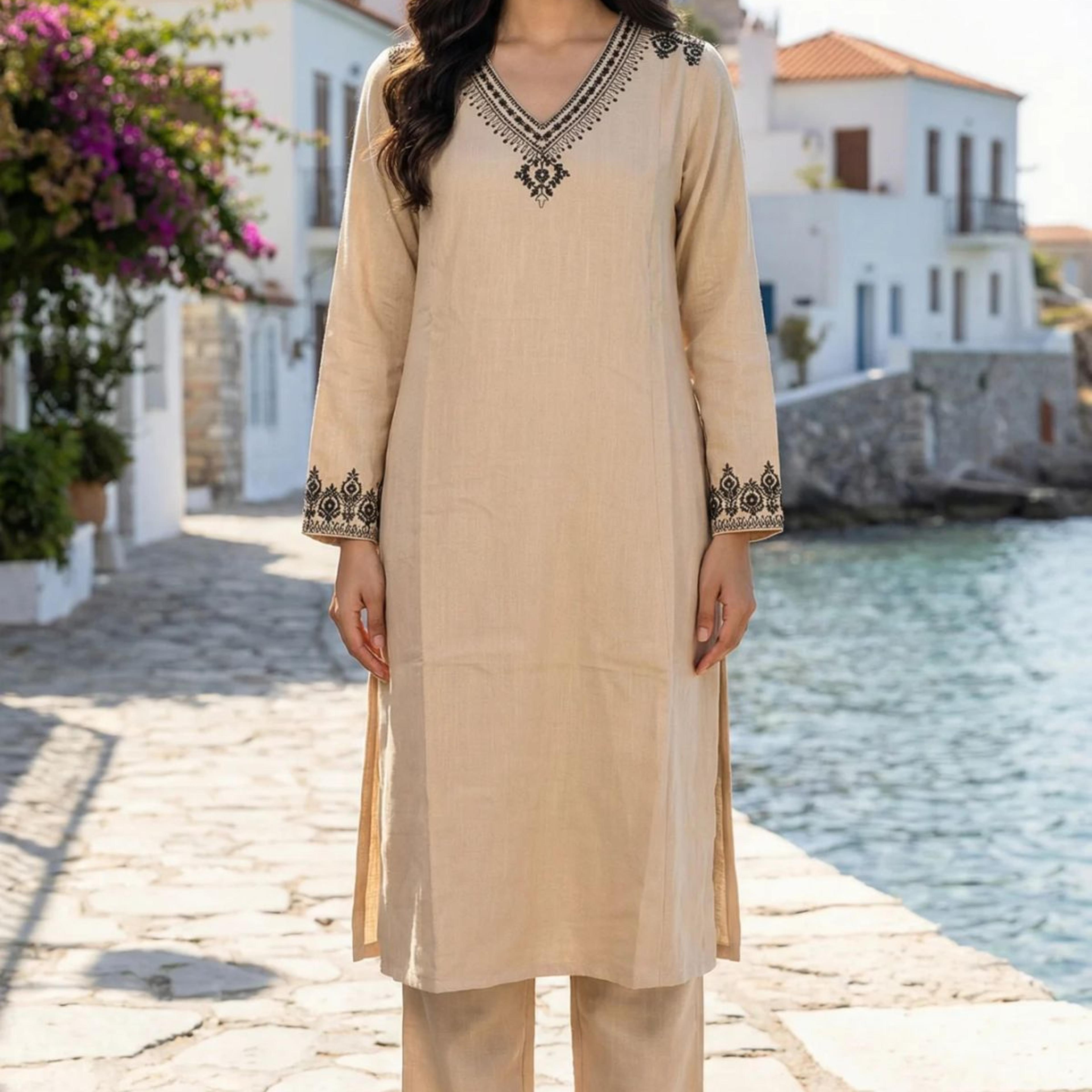 Beige Embroidered Rayon Straight Kurta with Pants Set