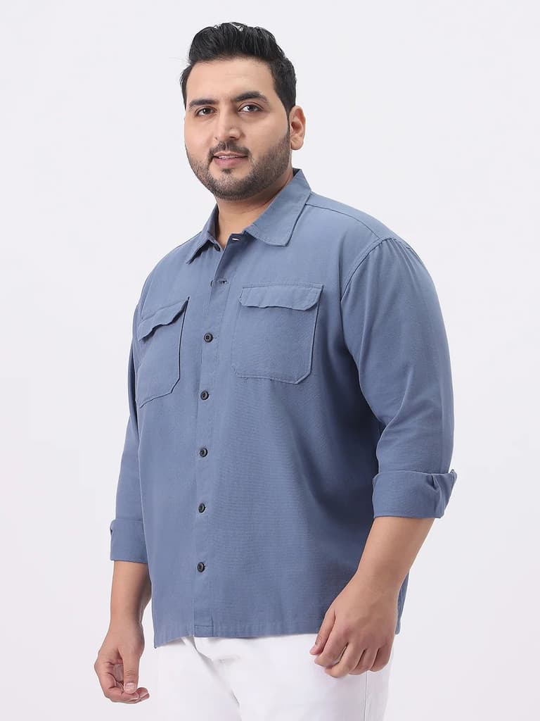 Plus Men's Blue Cotton Full Sleeve Relaxed Fit Shacket with Utility Pockets — photo 3