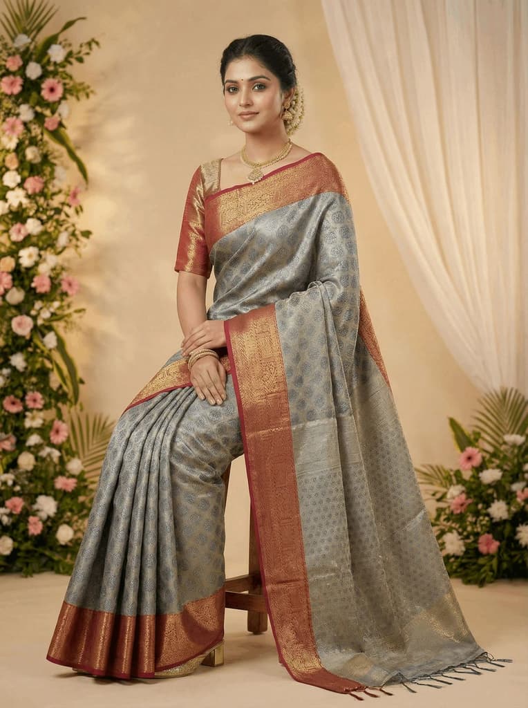 MIMOSA Women's Woven Design Kanjivaram Style Art Silk Saree with Blouse Piece - Navy Blue (SA00002734NVFREE) — photo 4
