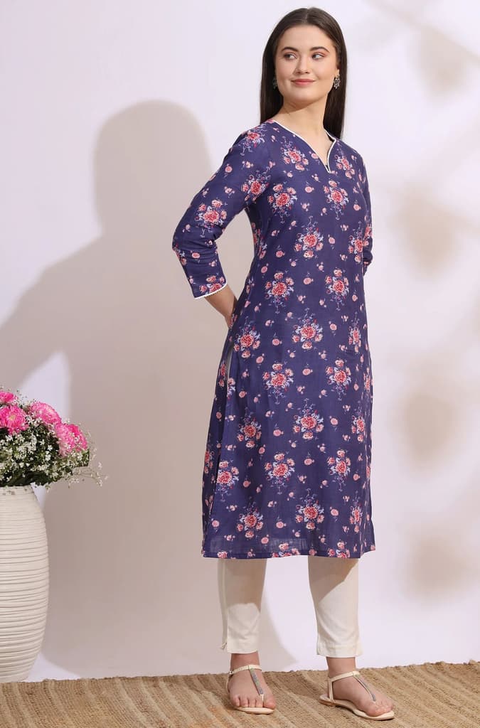 Purple Bold Floral Printed Cotton Cambric Straight Kurta — photo 7
