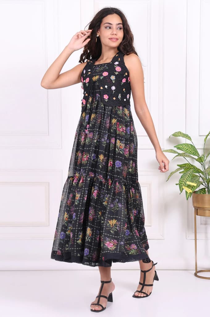 Black Floral Printed Embroidered Fit and Flare Georgette Dress with Waist Coat Set — photo 3