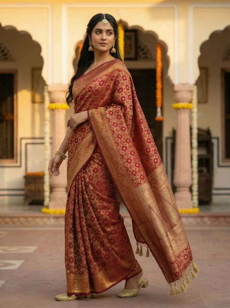 MIMOSA Women's Woven Design Banarasi Style Raw Silk Saree with Blouse Piece - Maroon ( SA00003131MRFREE ) — photo 3