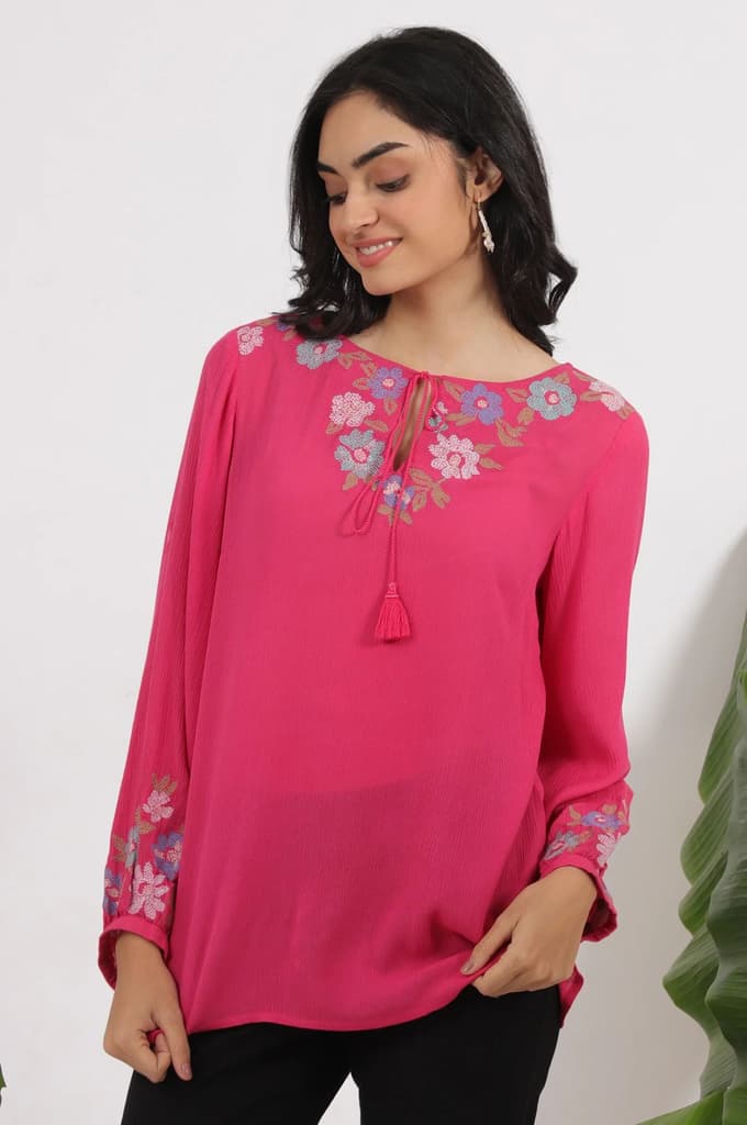 Pink Embroidered Rayon Crepe Straight Top — photo 5