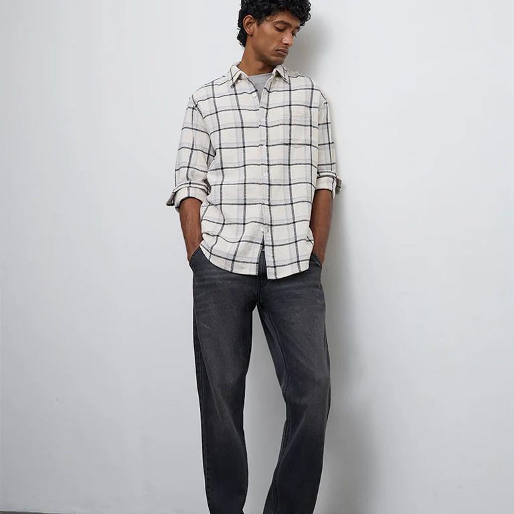 WES Casuals Off-White Checkered Relaxed-Fit Cotton Shirt