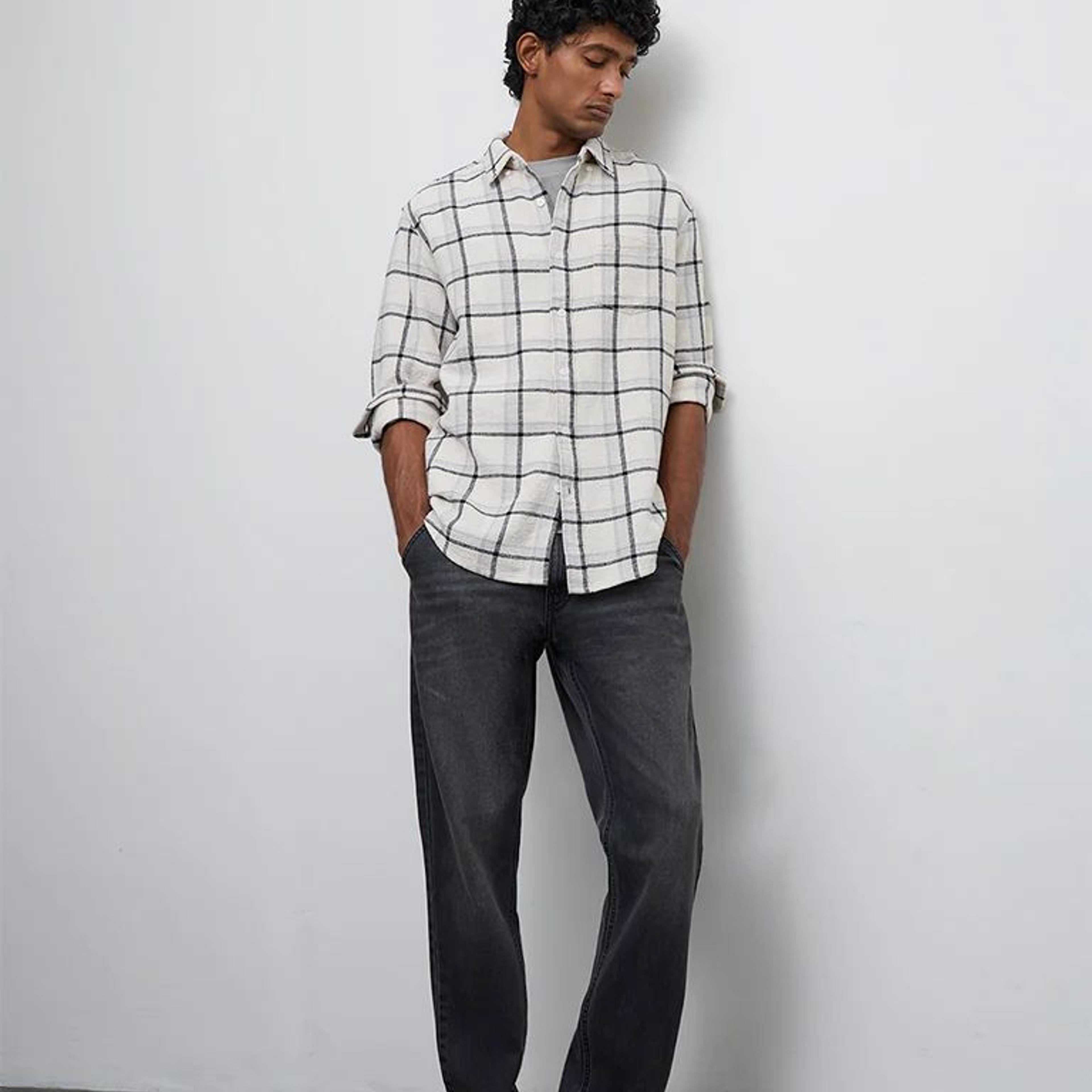 WES Casuals Off-White Checkered Relaxed-Fit Cotton Shirt