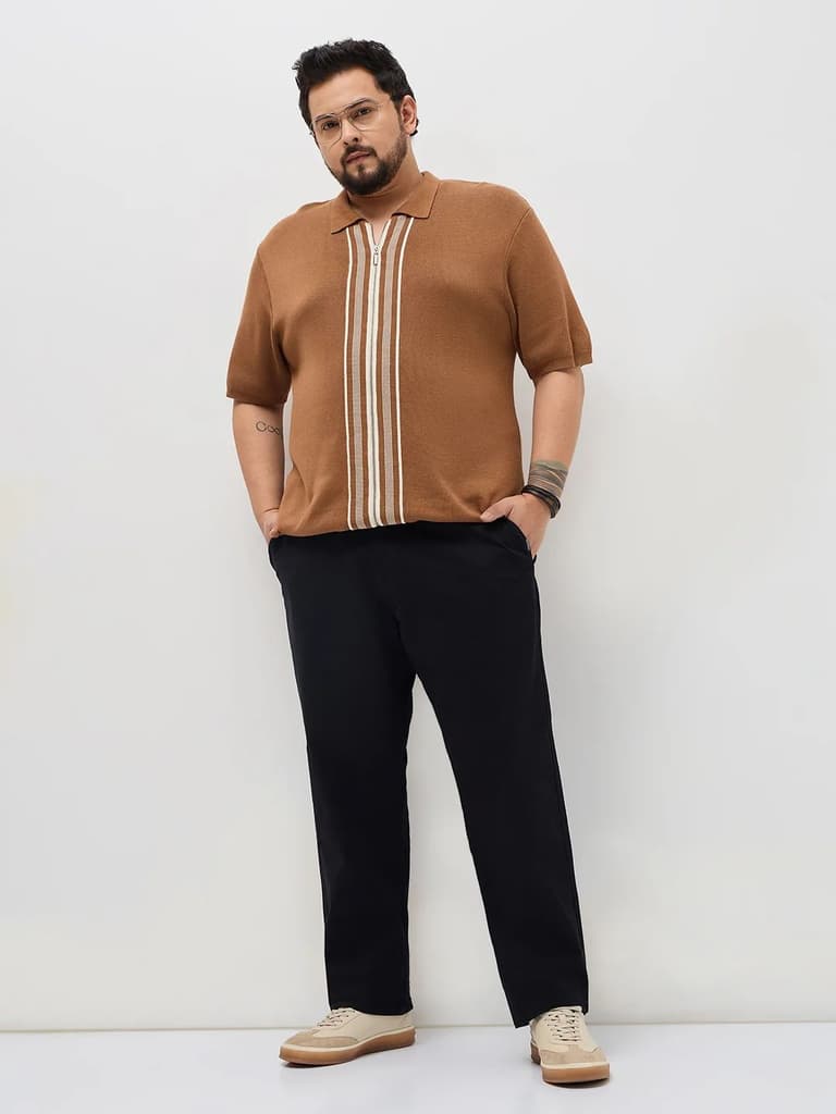 Plus Men's Black Straight Fit Mid Rise Cotton Casual Chinos Trousers Stretch — photo 4