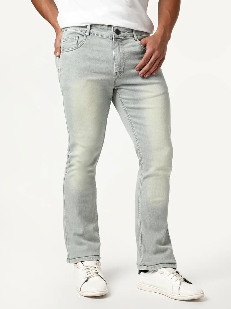 Men's Ice Grey Bootcut Fit Mid Rise Tinted Heavy Washed Jeans Stretchable — photo 3