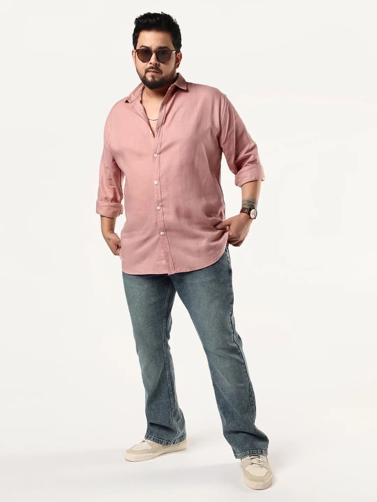 Plus Men's Dusty Pink Linen Blend Full Sleeve Relaxed Fit Casual Solid Shirt — photo 4