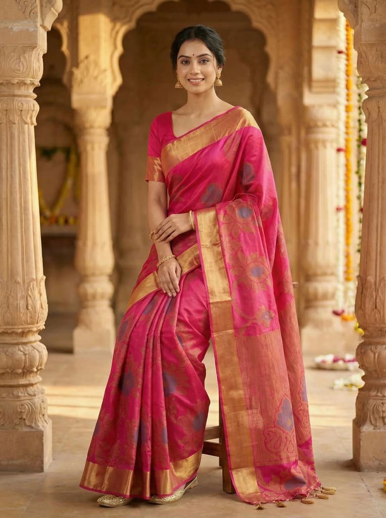 MIMOSA Women's Woven Design Mysore Silk Style Crepe Saree with Blouse Piece - Rani ( SA00003135RNFREE ) — photo 4