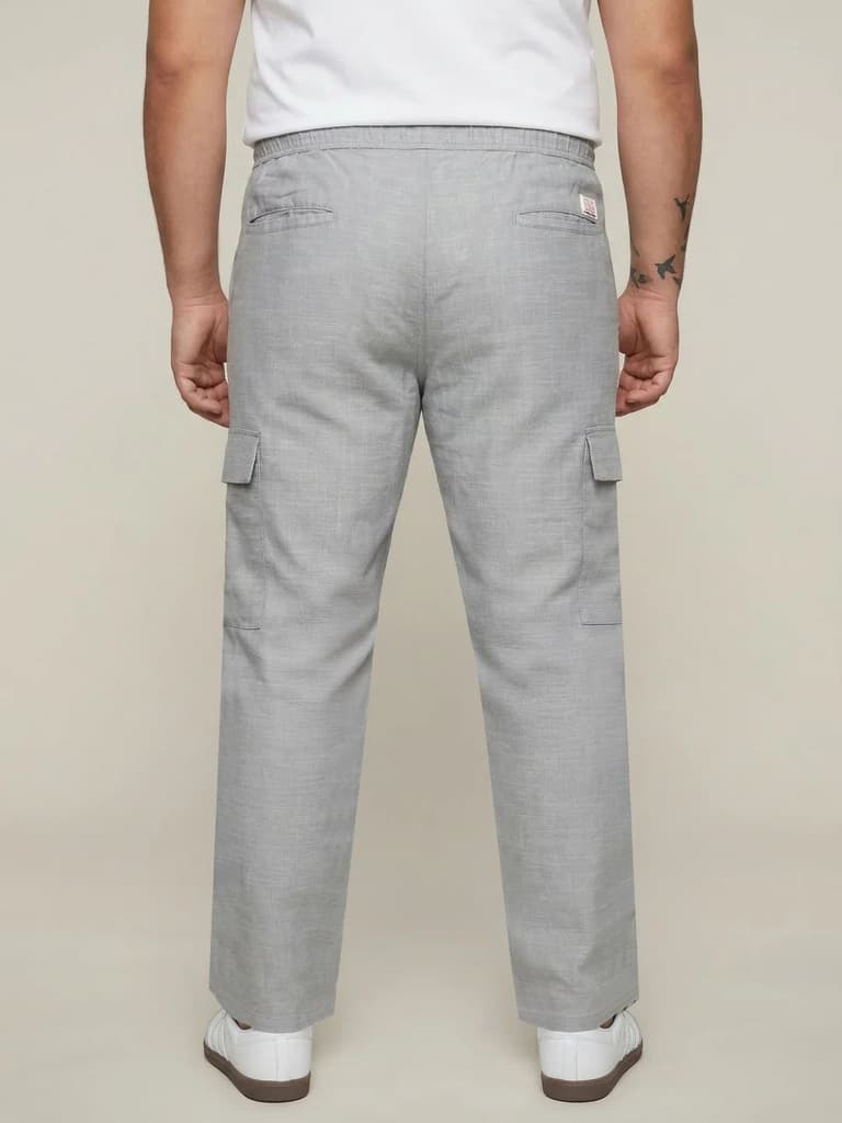 Plus Men's Light Grey Straight Fit Linen Cargo Pants with 6 Pockets — photo 3