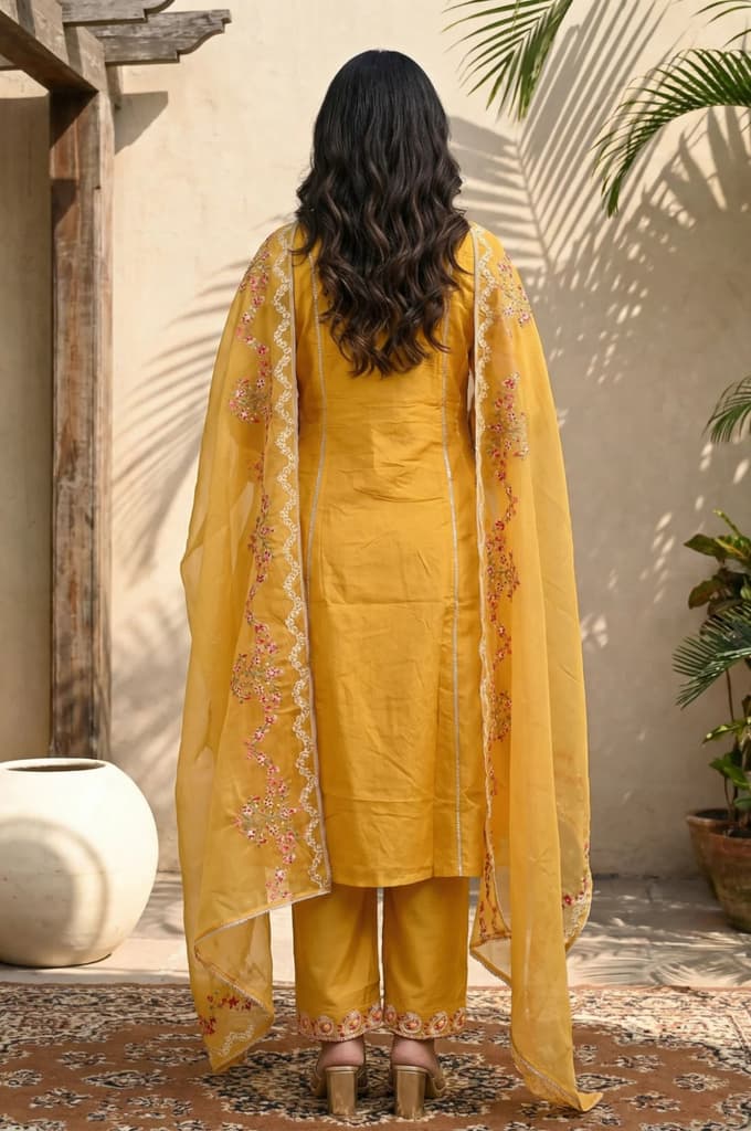 Yellow Floral Embroidered Straight Kurta with Pants and Dupatta Set — photo 5